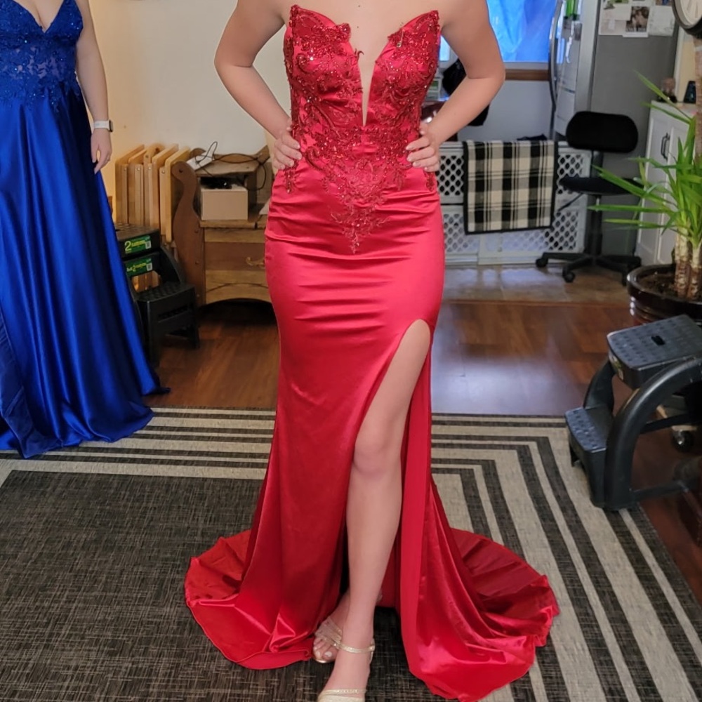 Jovani Red Strapless Prom Dress with Slit